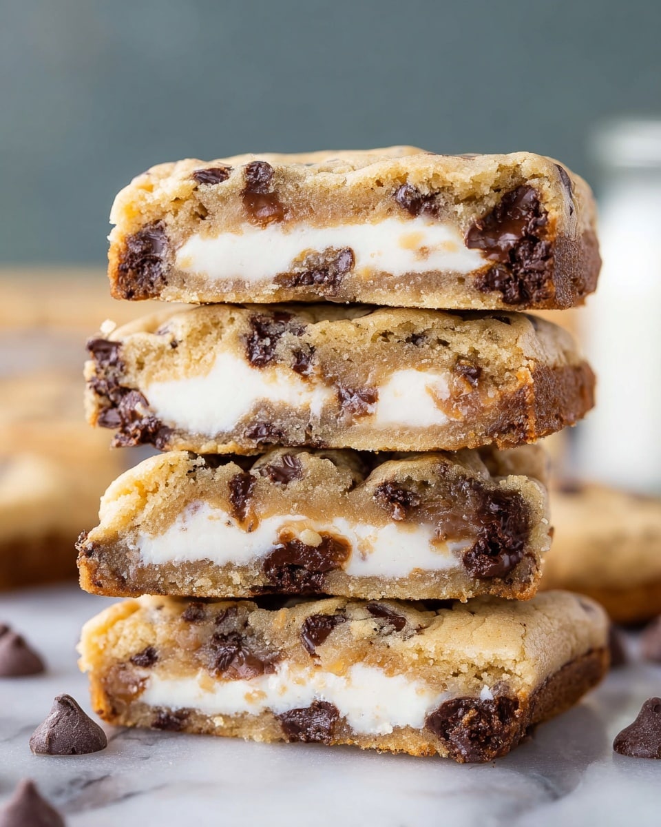 A close-up view of a cookie cut in half, held by a woman's hand. The cookie has two main layers: a light brown, soft-looking outer dough with dark chocolate chips scattered throughout, and a thick, white, creamy layer in the center. The chocolate chips are embedded in the outer dough, and some are melting slightly near the creamy layer. The scene is set on a white marbled surface with a few loose chocolate chips scattered around. In the background, there is a blurred white glass or cup. photo taken with an iphone --ar 4:5 --v 7