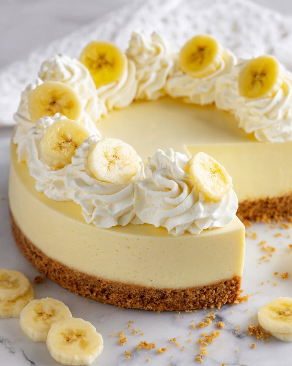 A round cheesecake with two visible layers: the thick bottom layer is a light brown crumbly crust, and the thick top layer is a smooth creamy light yellow filling. On top, there are white swirls of whipped cream around the edge, each topped with a few thin yellow banana slices, and several banana slices are scattered flat on the surface inside the circle of whipped cream. The cake is set on a white marbled surface with some crumbs and banana slices next to it. photo taken with an iphone --ar 4:5 --v 7