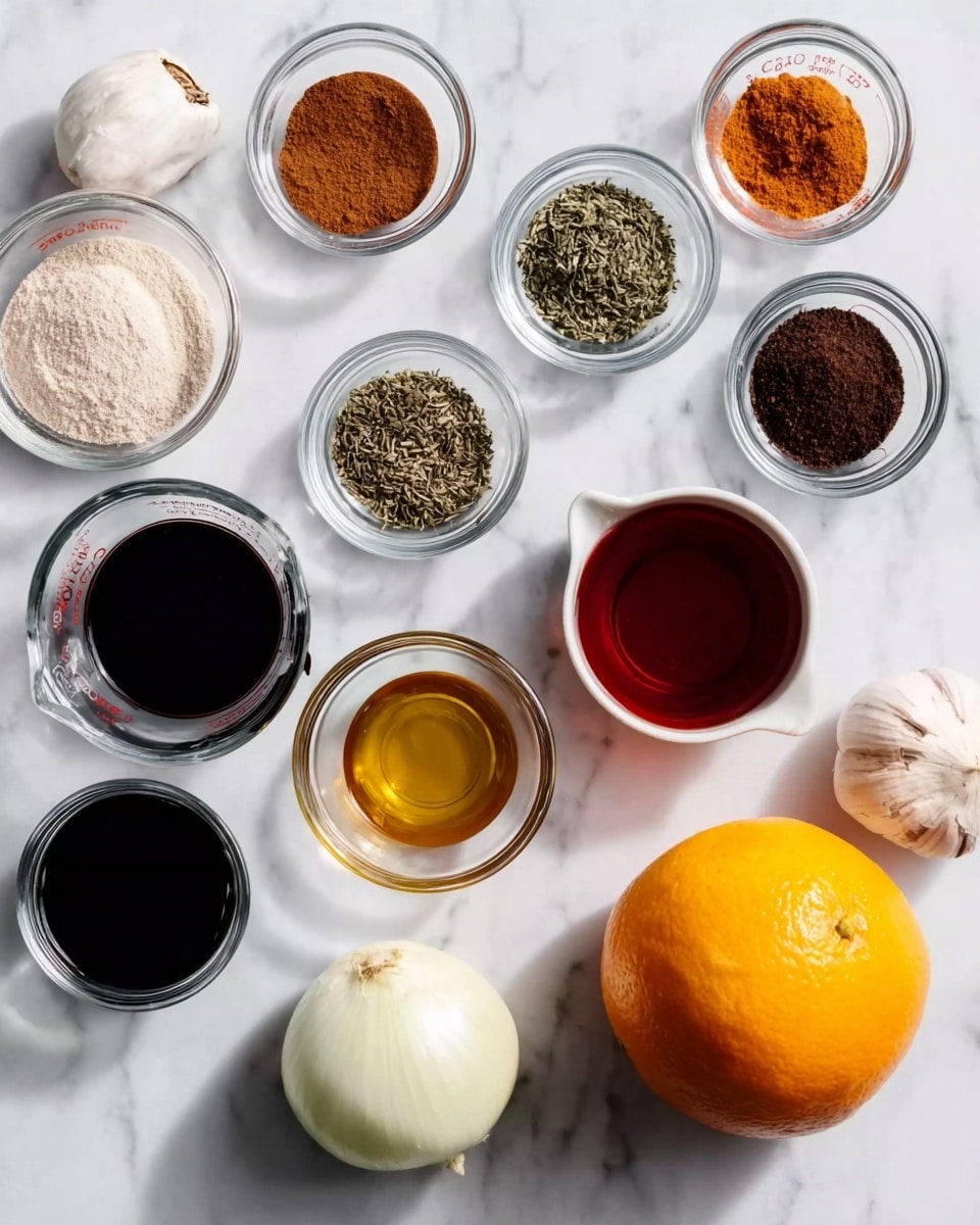The image shows multiple small clear glass bowls with different spices and liquids arranged on a white marbled surface, among them cinnamon powder, dried thyme, ground black pepper, and cocoa powder. In addition, there is a whole white onion, a peeled clove of garlic, a whole orange, and clear measuring cups filled with dark soy sauce, light vinegar, and a reddish liquid, all spread out neatly in a grid-like pattern. The colors vary from light brown and white to deep black and rich orange, contrasting well with the smooth white marble background. Photo taken with an iphone --ar 4:5 --v 7