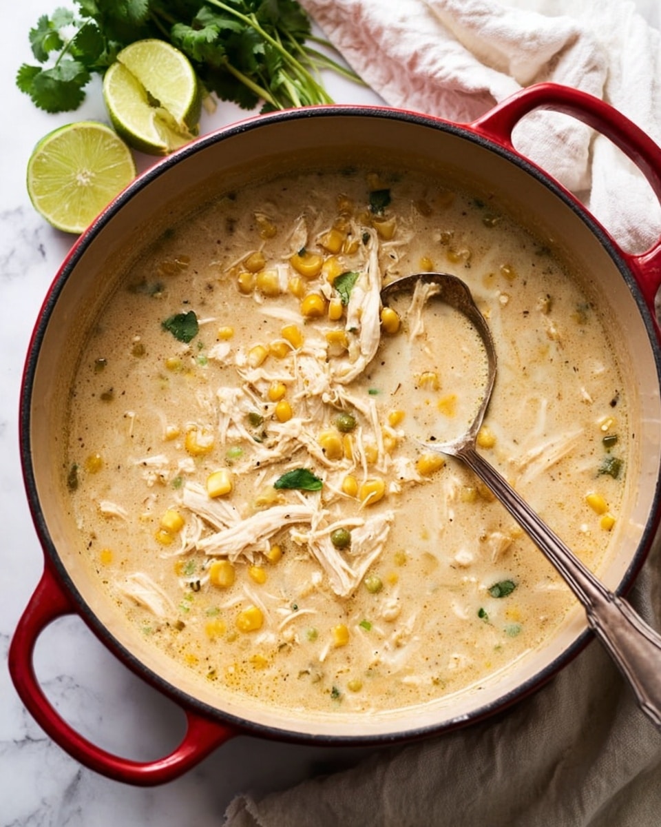 A close-up shot of a large round red pot filled with creamy chicken and corn soup. The soup has a thick, light beige broth with visible shredded white chicken pieces, yellow corn kernels, and small green vegetable bits, all mixed evenly throughout. A shiny silver ladle rests inside the pot on the right side, dipping into the soup. Next to the pot, there is a soft white cloth and fresh green cilantro leaves with three lime wedges placed on a white marbled surface. The lighting is bright and natural, highlighting the textures of the soup and garnishes. Photo taken with an iphone --ar 4:5 --v 7