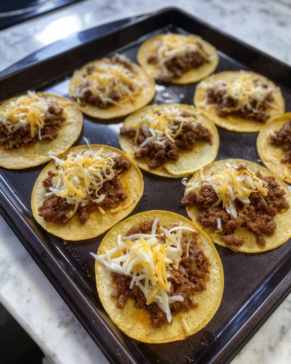 The image shows eight small white plates on a dark tray, each holding a single taco. Each taco has three layers: the bottom layer is a soft yellow corn tortilla, the middle layer is light yellow shredded cheese, and the top layer is a crumbly, cooked dark brown meat. The tray is sitting on a white marbled surface. Photo taken with an iphone --ar 4:5 --v 7