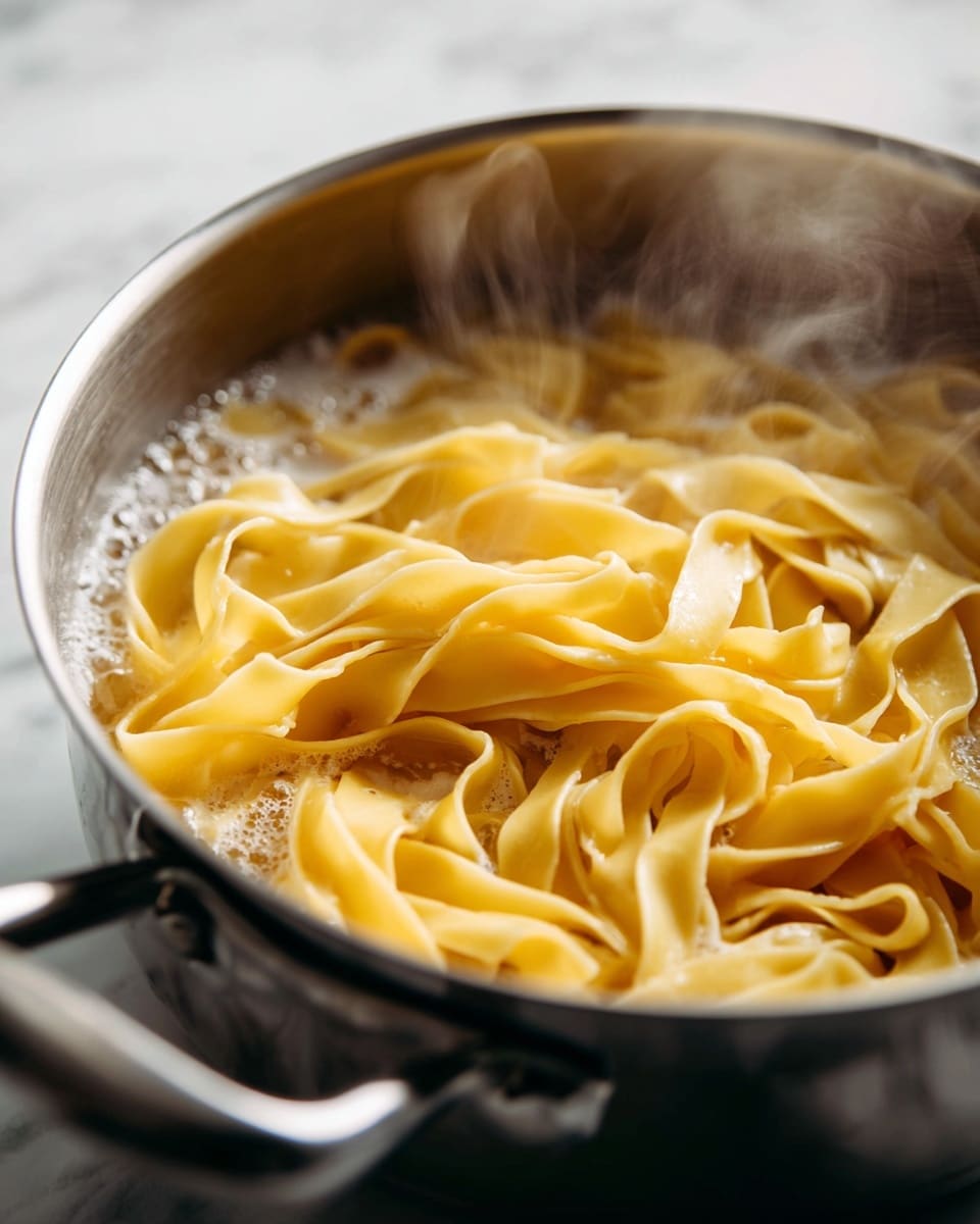 The image shows a close-up of wide, flat pasta ribbons boiling inside a silver pot filled with bubbling water. The pasta is soft yellow and looks tender, swirling gently in the hot liquid. Steam rises from the pot, giving a warm and fresh feeling. The pot handle extends out slightly, resting on a white marbled surface that surrounds the pot. The scene captures the moment just as the pasta cooks, with soft colors and clear textures of the noodles and bubbles. photo taken with an iphone --ar 4:5 --v 7
