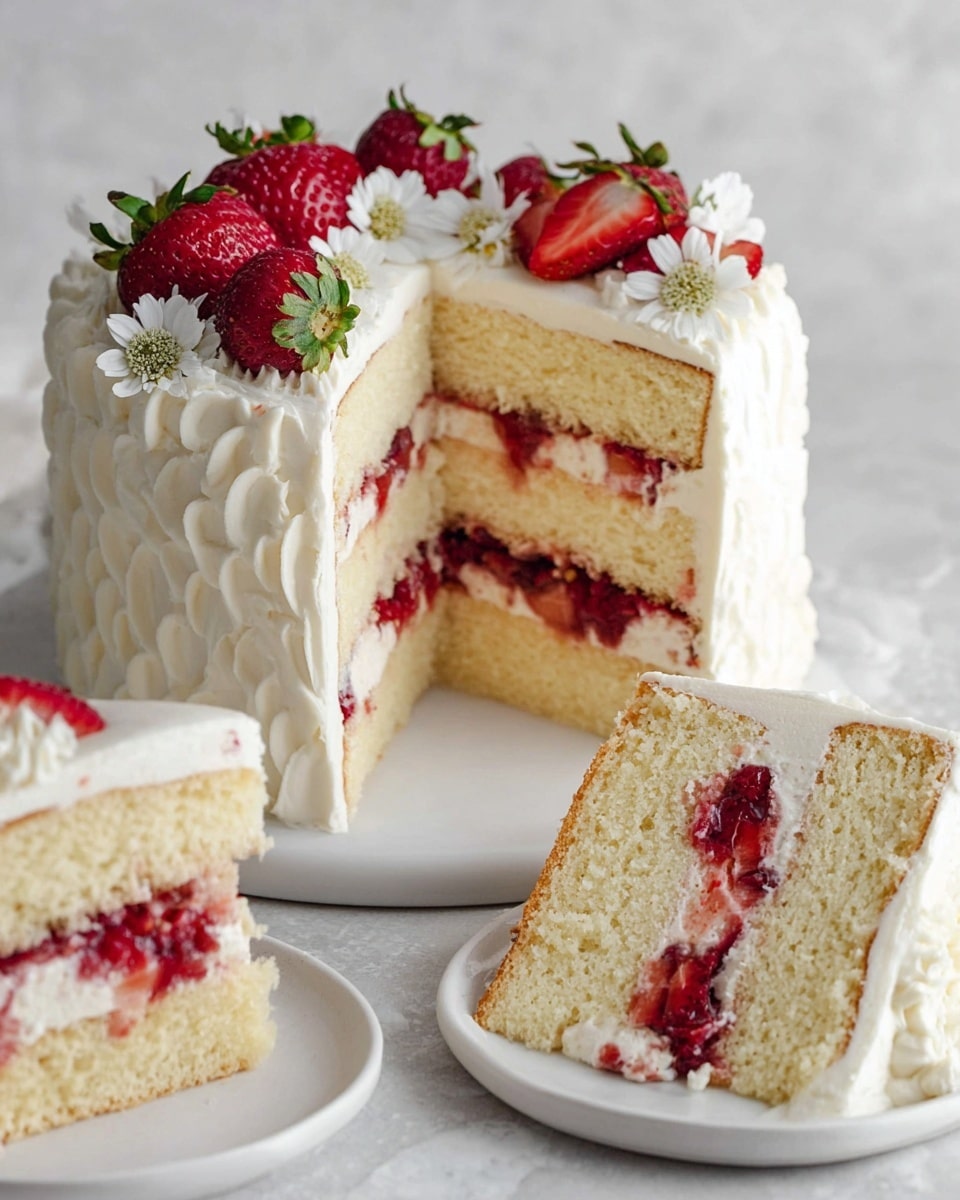 A three-layer vanilla cake with white frosting is shown on a white round plate placed on a white marbled surface. Inside, each of the three layers is separated by a thick layer of cream mixed with fresh red strawberry pieces. The outside is covered in smooth white frosting with a textured swirl pattern. The top layer is decorated with whole and halved strawberries and small white flowers. Two slices of the same cake are placed on white round plates in front, showing the inside layers and fruit clearly. Photo taken with an iphone --ar 4:5 --v 7