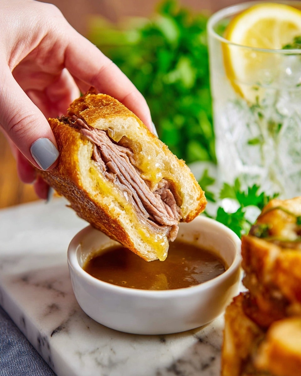 A close-up image shows a woman's hand holding a sandwich half with three visible layers: a golden brown crispy outside, a middle layer of thinly sliced brown meat, and a soft yellowish inside. The sandwich half is being dipped into a small white bowl filled with brown sauce. The background features green leafy herbs and a glass with ice and lemon slices on a white marbled surface. Photo taken with an iphone --ar 4:5 --v 7