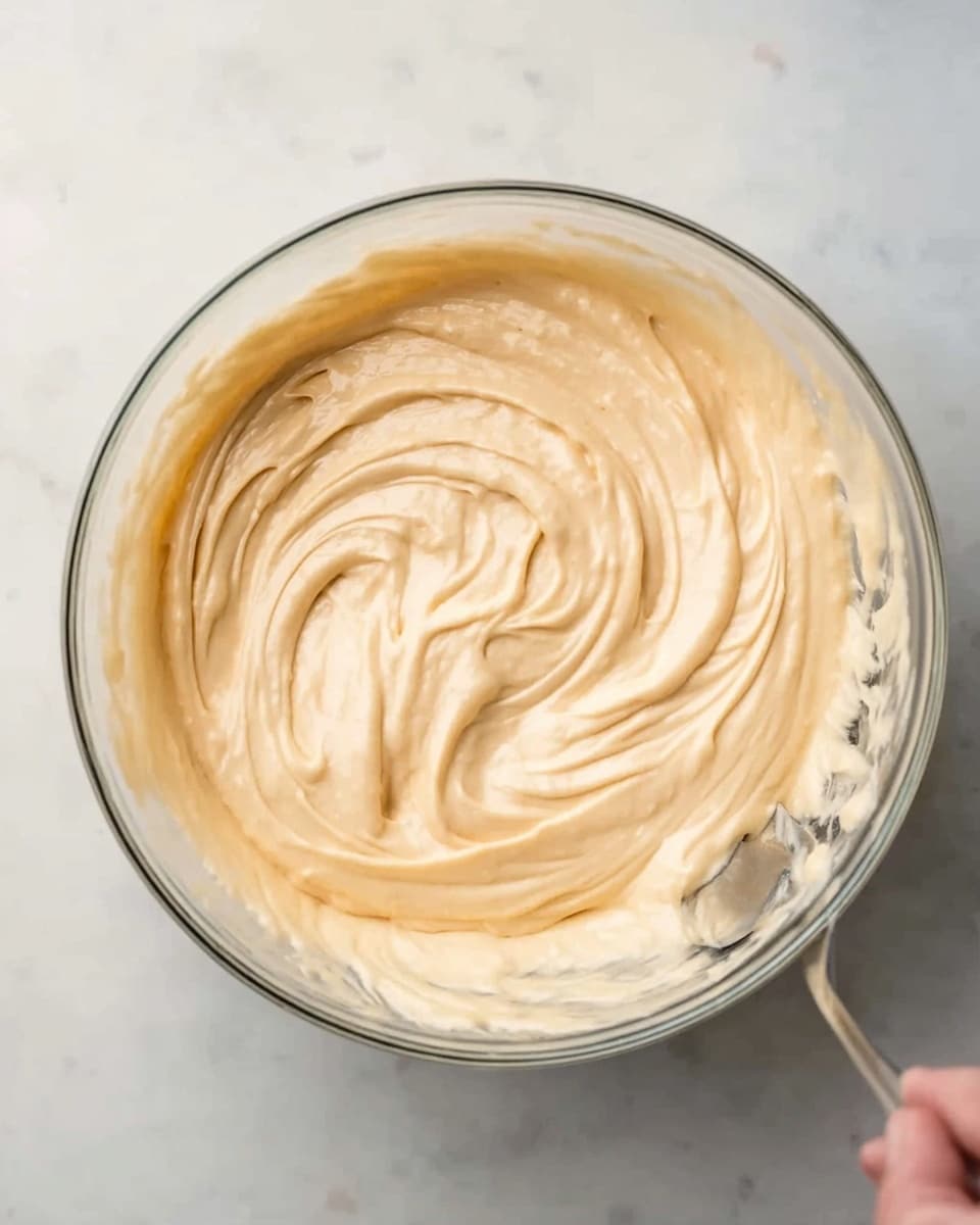 A clear glass bowl filled with smooth, creamy light beige batter with soft swirls on top. A woman's hand is stirring the mixture with a silver spoon, visible in the batter, creating gentle waves and peaks. The bowl sits on a white marbled textured surface. photo taken with an iphone --ar 4:5 --v 7