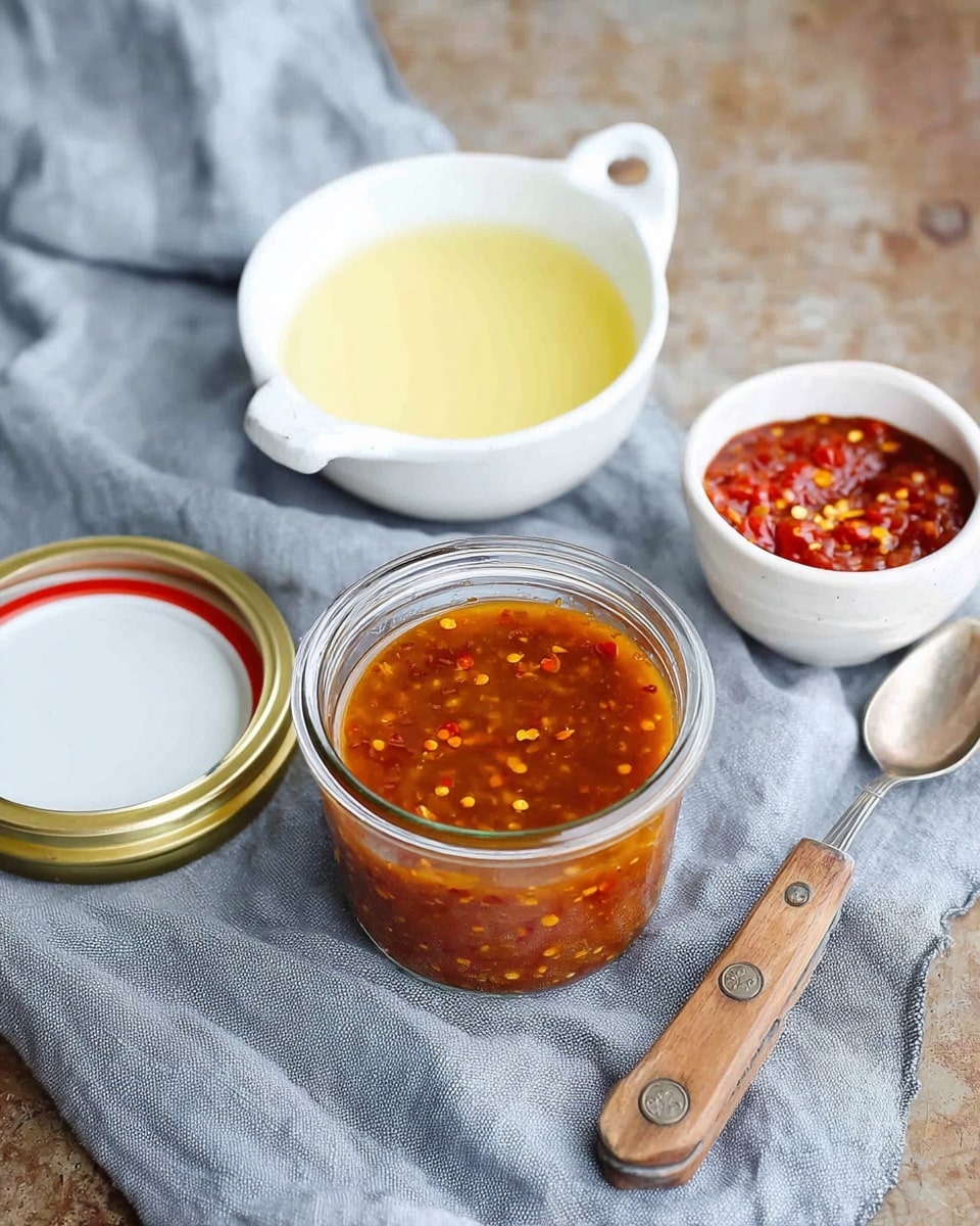 A small glass jar filled with a thick, brownish-red sauce with yellow chili flakes mixed in, sitting on a soft gray cloth that is laid over a white marbled surface. Next to the jar is its gold and white lid placed upside down, showing a white inside with a thin red ring near the edge. To the top right of the jar are two small white bowls with handles, one containing a light yellow liquid and the other filled with a chunky red sauce. A spoon with a silver head and a wooden handle with two small rivets rests on the cloth near the jar. Photo taken with an iphone --ar 4:5 --v 7