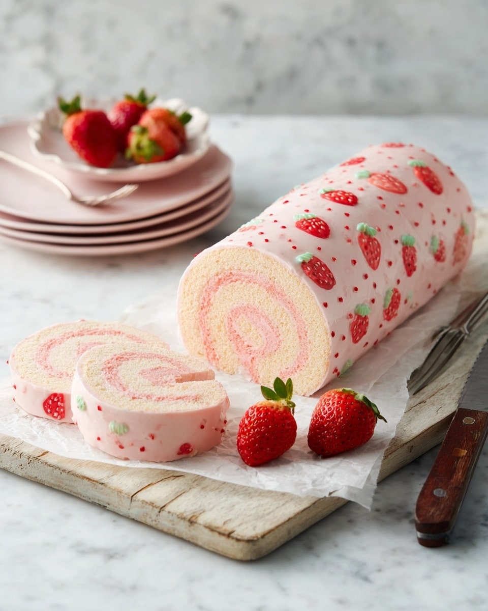 Two pink strawberry roll cake slices with white cream swirled inside sit on a wooden board lined with parchment paper, decorated with red and green strawberry patterns on the outside layer. Nearby, a whole roll cake has the same pink color and strawberry design. A white bowl with fresh red strawberries with green tops is at the top right on a white marbled surface, next to a faded pink cloth. On the bottom right, one pink plate holds a single slice of the strawberry roll cake and three fresh strawberries, with a silver fork placed on the plate's edge. photo taken with an iphone --ar 4:5 --v 7