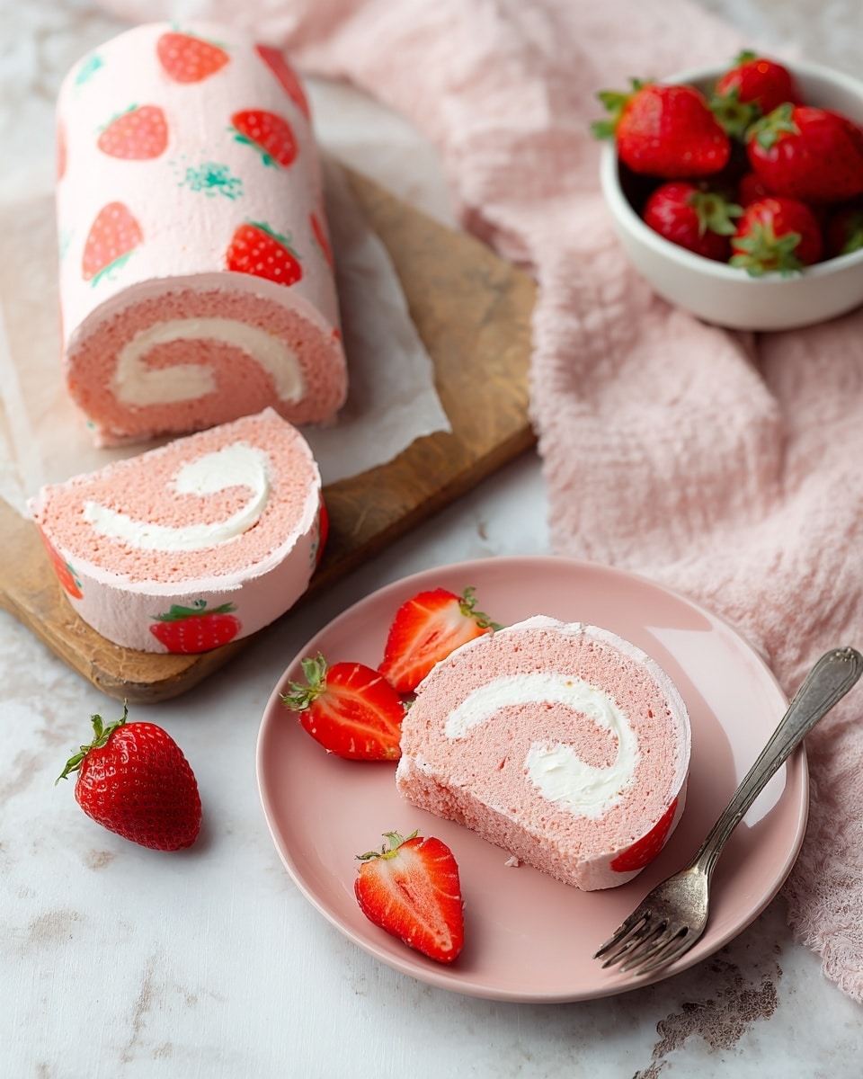 The image shows a pink swiss roll cake decorated with red strawberry shapes and small pink dots on its surface. The roll has two visible layers: a light pink sponge cake outer layer patterned with red strawberries with green tops, and a white cream filling swirled inside. Two round slices are cut from the roll and placed beside it on light wooden board lined with white parchment paper. There are three fresh strawberries placed near the swiss roll on the board. The background features a soft pink cloth and the whole scene is set on a white marbled surface. photo taken with an iphone --ar 4:5 --v 7
