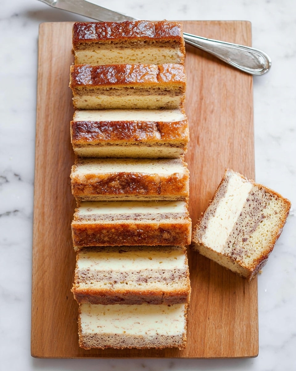 The image shows seven thick slices of layered cake arranged in a neat row on a wooden board, with one slice placed separately to the right side of the board. The cake has three layers: a light creamy layer in the middle with a smooth texture, sandwiched between two speckled, darker brown layers that look moist and soft. The top layer has a shiny, slightly caramelized crust that is golden brown. A silver spreading knife lies above the wooden board on a white marbled surface. photo taken with an iphone --ar 4:5 --v 7