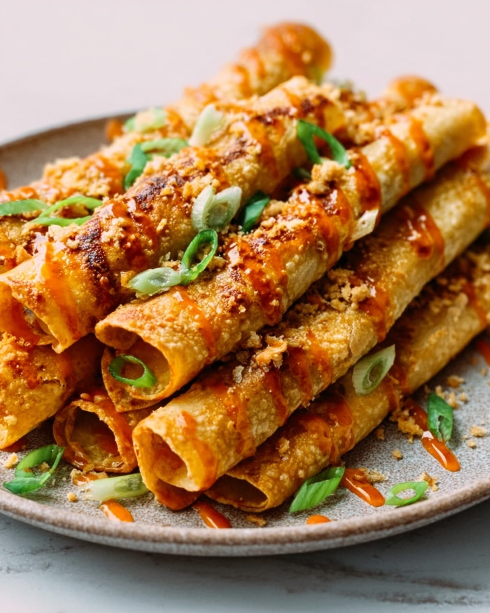 The image shows a stack of golden brown rolled tortillas placed closely together on a white plate, which sits on a white marbled surface. The tortillas are covered with a light drizzle of orange sauce and sprinkled with small green sliced scallions and tiny bits of a light crumbly topping. The texture of the tortillas looks crispy on the outside, and the rolls are arranged in a slightly uneven pile with some overlapping. The lighting is soft, highlighting the warm colors and details of the dish. Photo taken with an iphone --ar 4:5 --v 7