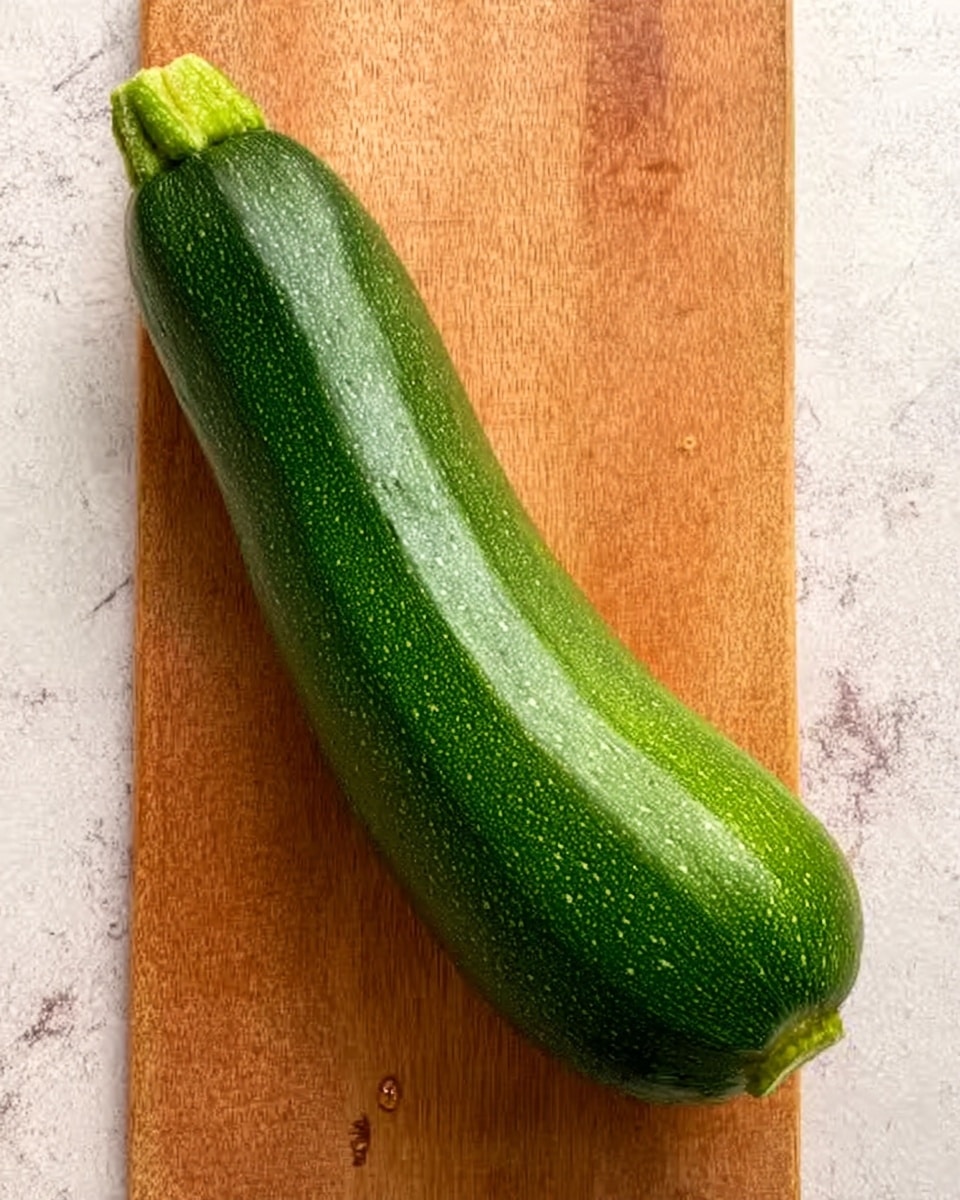 A single whole green zucchini with a smooth, slightly shiny skin lies horizontally on a wooden cutting board. The zucchini has a light green stem on one end, and its surface shows some faint natural speckled texture in darker green. There are a couple of small droplets of moisture next to the zucchini on the board. The background is a white marbled texture. Photo taken with an iphone --ar 4:5 --v 7