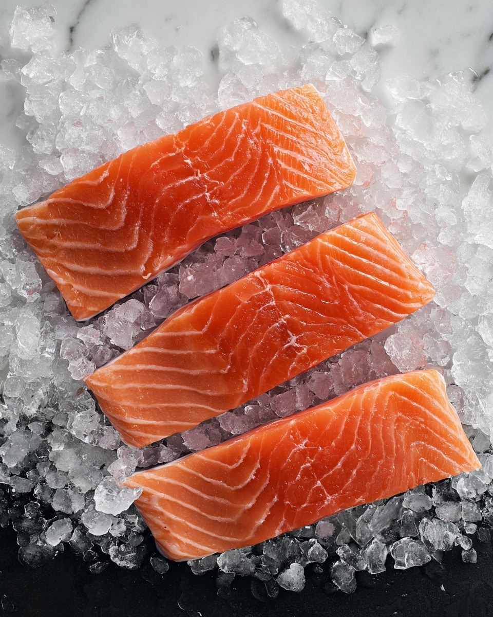 Three pieces of fresh raw salmon fillets are placed side by side on a bed of crushed ice. Each salmon piece exhibits a vibrant orange color with smooth, slightly shiny texture and delicate white lines of fat running through the flesh. The crushed ice surrounding the salmon is clear and irregularly shaped, creating a cool and fresh look. All items rest on a white marbled surface that has subtle grey veining for contrast. Photo taken with an iphone --ar 4:5 --v 7