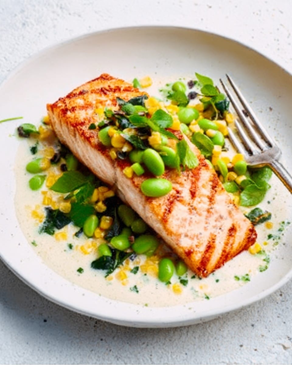 A white plate with a grilled salmon fillet placed in the center, its surface showing light brown grill marks and a slightly crispy texture. On top of the salmon, there is a colorful mix of green edamame beans, yellow corn kernels, and dark green leafy herbs, adding freshness and contrast. Underneath the salmon, a light, creamy white sauce spreads on the plate, giving a smooth base. A silver fork rests beside the salmon on the white marbled surface background. The photo taken with an iphone --ar 4:5 --v 7