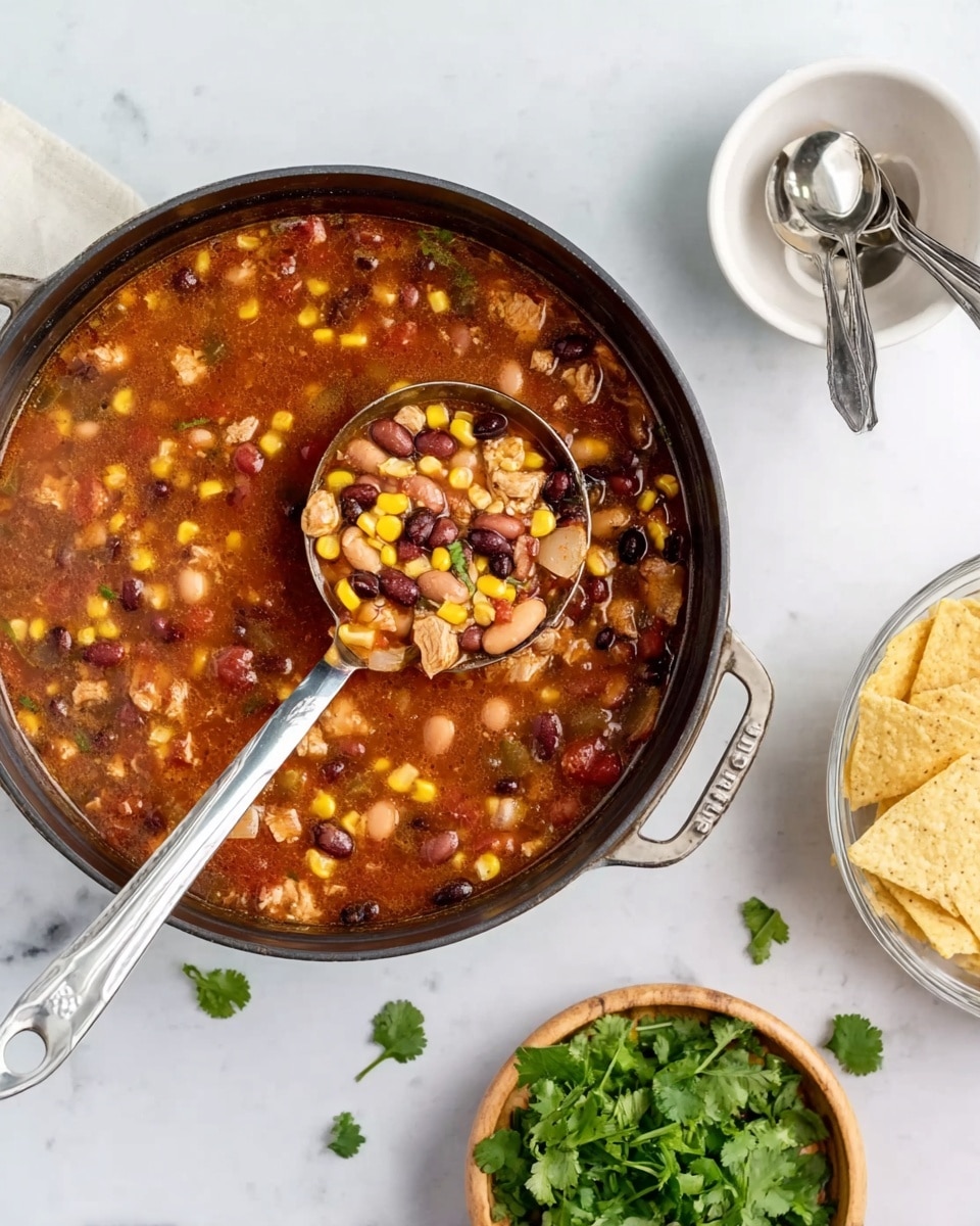 A close-up of a large metal ladle holding a thick soup filled with layers of light brown shredded chicken pieces, bright yellow corn kernels, black beans, brown beans, small diced red tomatoes, and visible bits of mushrooms, all in a deep reddish-brown broth. The ladle is centered over a big pot of the same soup, which has a rich, chunky texture and a warm color. The pot and the white marbled surface beneath are plain and simple, making the colorful ingredients stand out clearly. Photo taken with an iphone --ar 4:5 --v 7