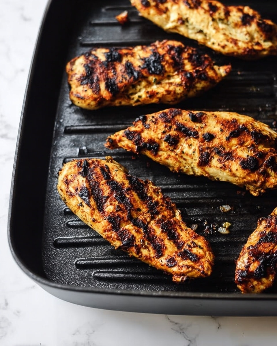 The image shows four pieces of grilled chicken with charred marks on a black grill pan. Each piece is long and narrow, with a golden brown and slightly blackened surface from grilling. The grill pan has ridges and some small bits of cooked food stuck in between. The background is a white marbled surface. Photo taken with an iphone --ar 4:5 --v 7
