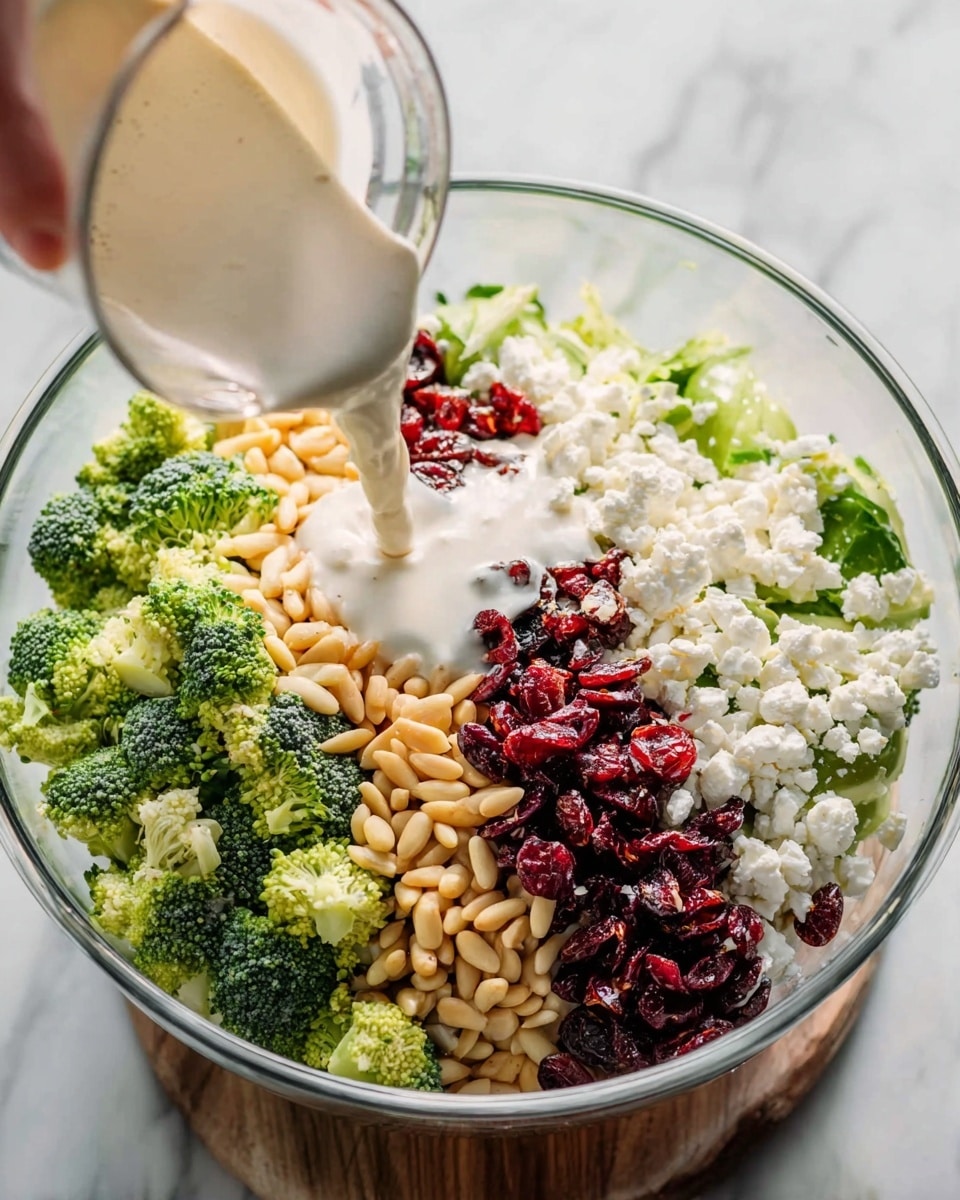 A close-up of a salad with bright green broccoli florets and white cauliflower pieces mixed with reddish dried cranberries and light brown nuts, all coated in a creamy white dressing that clings to each piece. The textures show the crispness of the vegetables and the smoothness of the dressing, with small details like the uneven surfaces of the cauliflower and the shiny cranberries standing out. The image is set on a white marbled surface. photo taken with an iphone --ar 4:5 --v 7