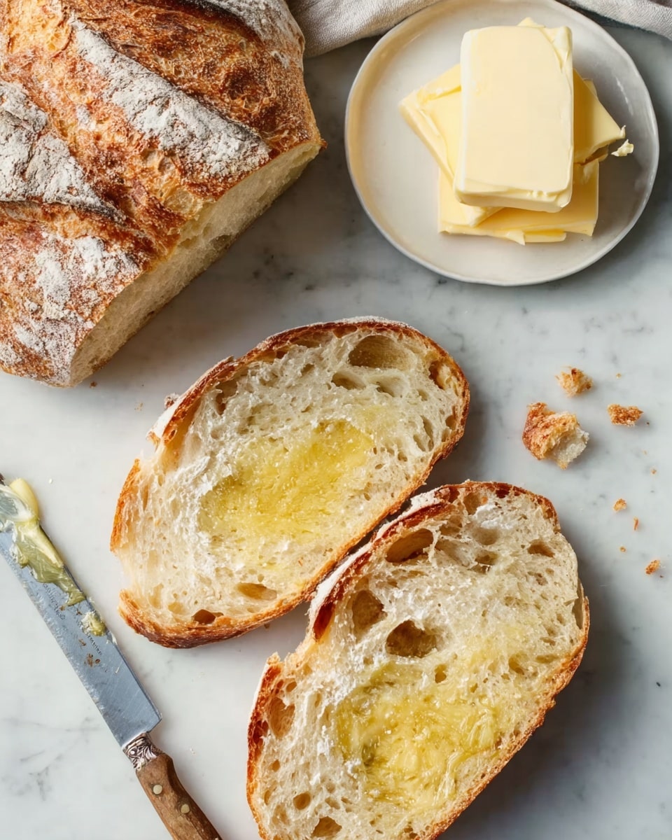 Two thick slices of rustic bread with a golden crust sit on a white marbled surface, one slice spread with melted butter creating a soft, glossy light yellow layer on the porous bread. Above them is a larger piece of the same bread showing its crusty top with flour dusting. To the left, a white plate holds three neatly stacked square slices of pale yellow butter. A shiny knife with a wooden handle is placed between the plate and the bread slices. A few small crumbs are scattered lightly around the bread pieces. Photo taken with an iphone --ar 4:5 --v 7