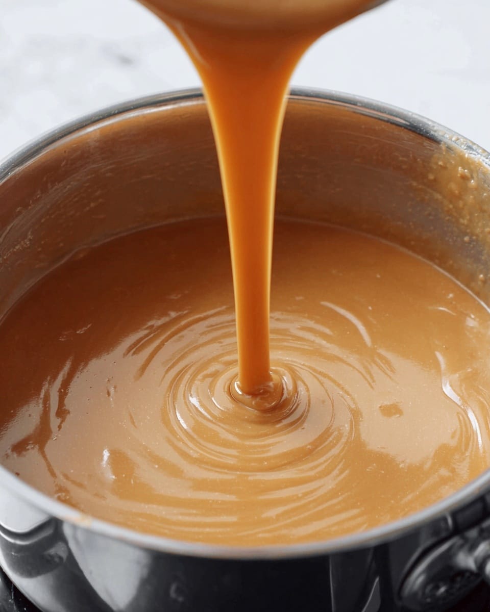 This image shows a close-up of a shiny metal pot filled with thick light brown sauce with a smooth texture. The sauce is being poured back into the pot in a slow, steady stream, making soft swirls on the surface. The pot is placed on a stove with a white marbled surface underneath, reflecting the pot's edges slightly. The focus is on the sauce's creamy flow and the shiny metal details of the pot. Photo taken with an iphone --ar 4:5 --v 7