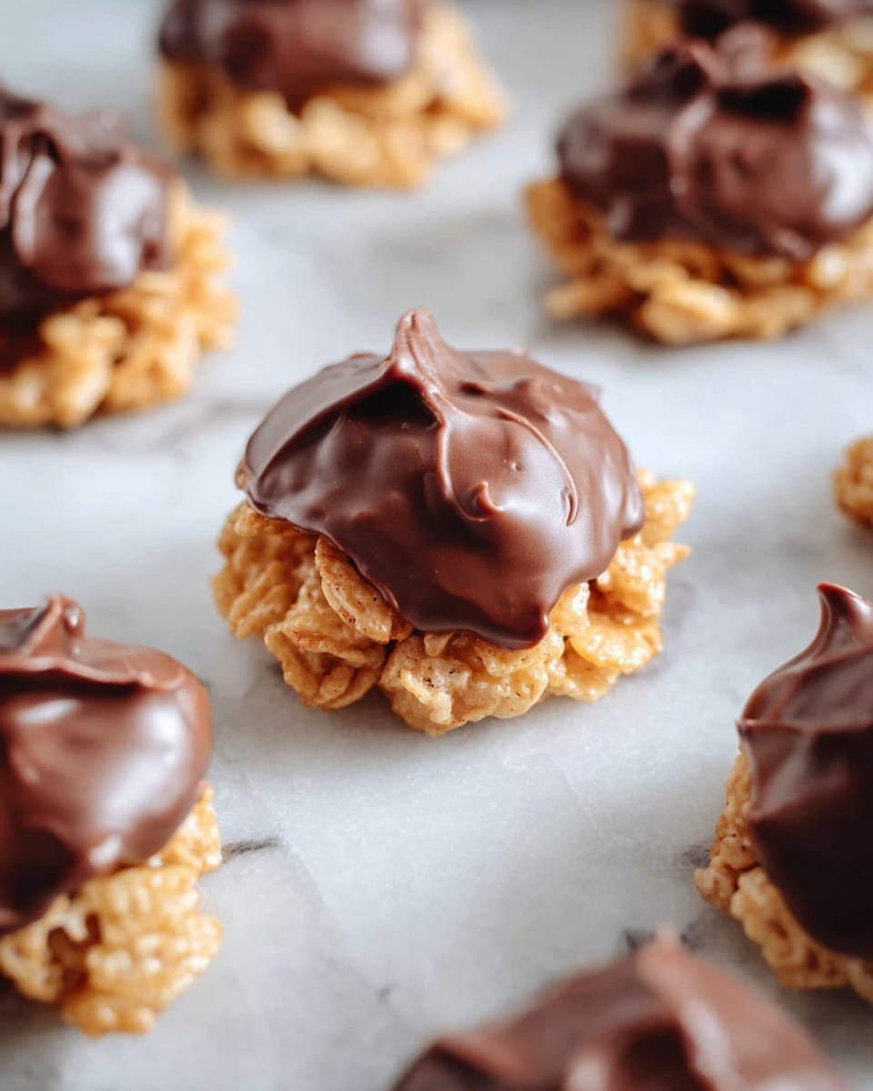 The image shows several small treats arranged on a white marbled surface. Each treat has two layers: a bottom layer of light golden crunchy cereal pieces held together in a rough round shape, and a top layer of smooth, glossy dark brown chocolate spread unevenly over the cereal. The chocolate tops are thick with slight curves and soft peaks. The treats are scattered with some space between them, showing the contrast between the matte cereal texture and shiny chocolate layer. Photo taken with an iphone --ar 4:5 --v 7