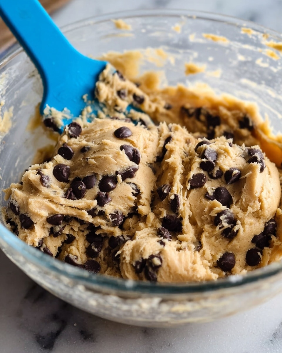 A clear glass bowl filled with light brown cookie dough mixed with many dark chocolate chips spread unevenly throughout the dough. A blue silicone spatula is partially visible, inserted into the dough from the left side, showing the thick and soft texture of the dough. The bowl is on a white marbled surface, and the scene is well lit with natural light highlighting the sheen on the dough and chocolate chips. The focus is close-up on the dough's texture and chips photo taken with an iphone --ar 4:5 --v 7