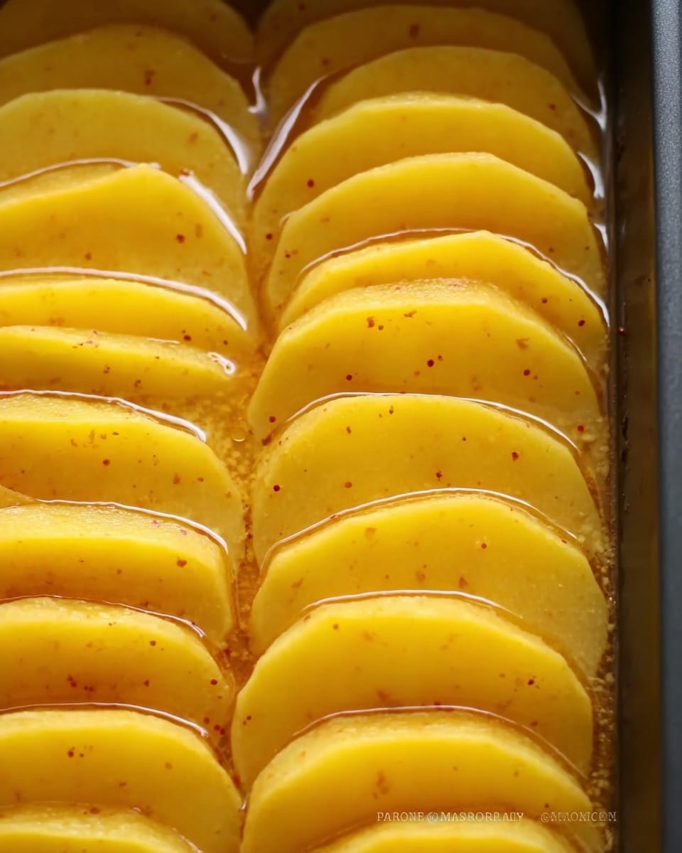 The image shows a close-up of a baking tray filled with thin slices of yellow potatoes arranged in neat, vertical rows. Each slice is slightly overlapping the next, creating layers of yellow with a smooth texture, some with faint red spots or specks. The potatoes are soaked or coated in a shiny liquid that pools at the bottom of the tray, making the surface look glossy and wet. The overall color palette is warm yellow with subtle hints of red, and the edges of the tray are dark, contrasting with the bright potato slices. The background surface is a white marbled texture. photo taken with an iphone --ar 4:5 --v 7