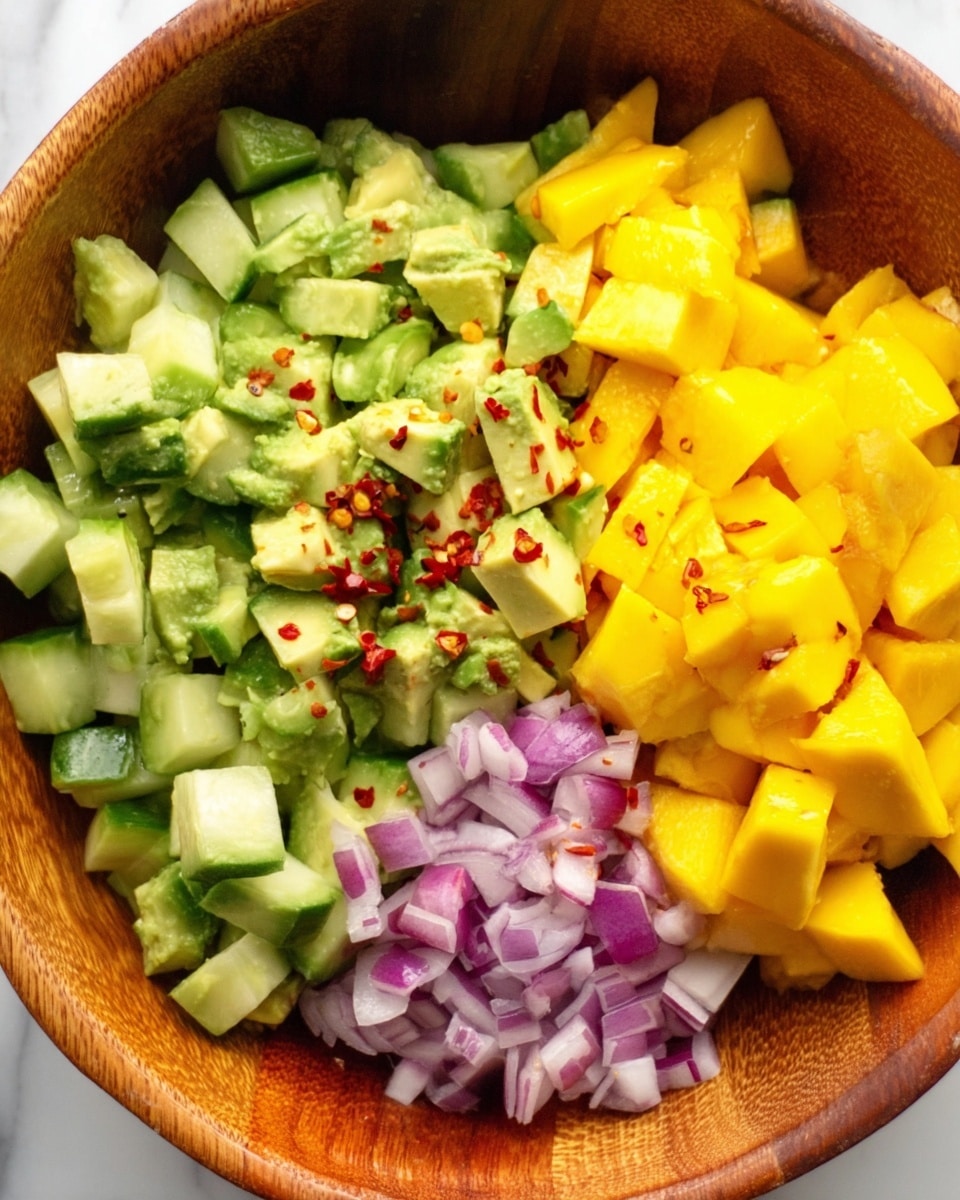 The image shows a wooden bowl filled with four different chopped ingredients arranged in separate sections, creating a colorful and fresh mix. The top right section has bright yellow diced mango pieces with a soft texture. On the left side, there are light green cucumber chunks with darker green skin, cut into small pieces. In the middle, a pile of avocado cubes with a pale green inside and some red chili flakes sprinkled on top creates a spiced look. At the bottom, finely chopped red onions sit in a small cluster, showing a purple and white color. The bowl rests on a white marbled surface. photo taken with an iphone --ar 4:5 --v 7