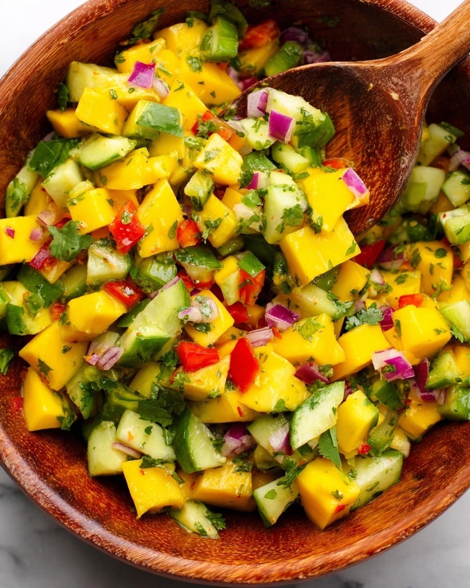 A large wooden bowl filled with a colorful mix of diced bright yellow mango chunks, green cucumber pieces, small red bell pepper bits, finely chopped red onion, and green cilantro leaves scattered throughout. A wooden spoon rests inside the bowl, partially covered by the fresh salad, showing the vibrant textures of the ingredients. The bowl sits on a white marbled surface. photo taken with an iphone --ar 4:5 --v 7