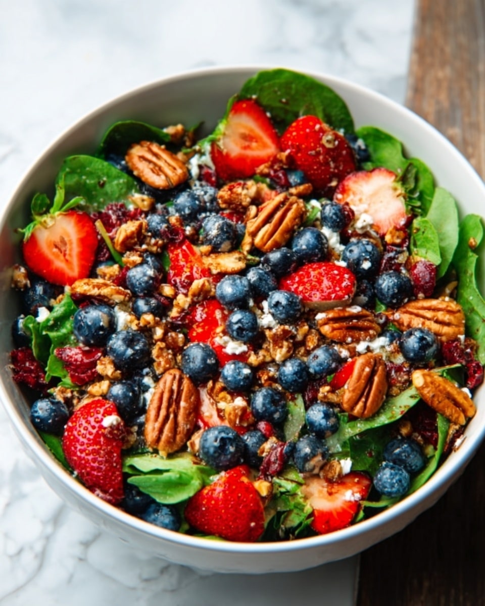 A white bowl filled with a colorful salad sits on a white marbled surface. The salad has several layers: at the bottom is a mix of green leafy lettuce, topped with bright red strawberries cut into halves, deep blue blueberries scattered evenly, and large brown pecan nuts placed throughout. There are also small crunchy bits sprinkled all over that add texture. The overall look is fresh and vibrant with a mix of green, red, blue, and brown colors. Photo taken with an iphone --ar 4:5 --v 7
