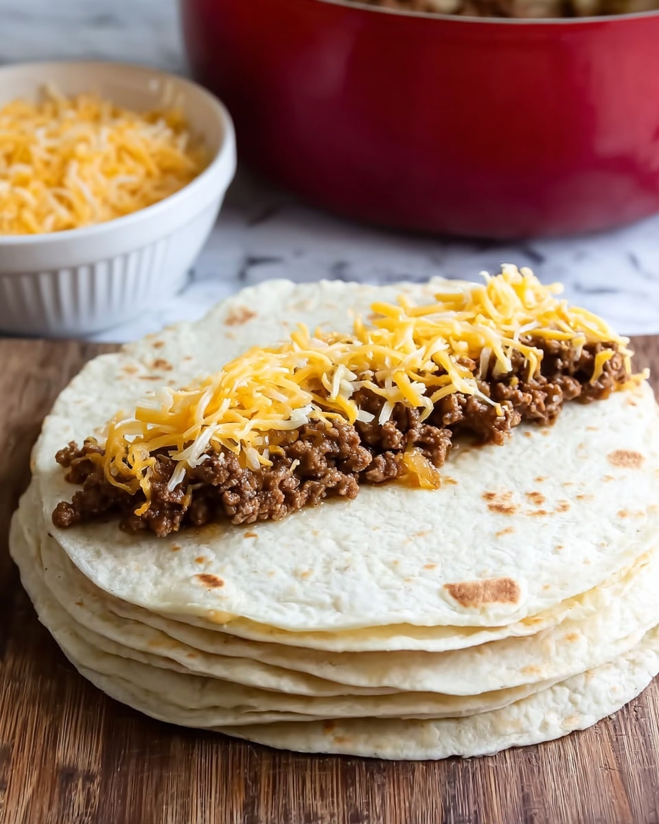 A stack of six soft white flour tortillas lies flat on a wooden surface. On the top tortilla, there is a line of cooked ground beef mixed with small bits of sautéed onions, positioned horizontally near one edge, showing rich brown and light golden colors. Above the beef mixture, there is a generous layer of shredded yellow and white cheddar cheese, lightly piled and textured with thin strands. Behind the tortillas, a white bowl filled with more shredded cheese is visible, and to the side, a red pot adds color contrast. The background is simple with a white marbled texture. photo taken with an iphone --ar 4:5 --v 7