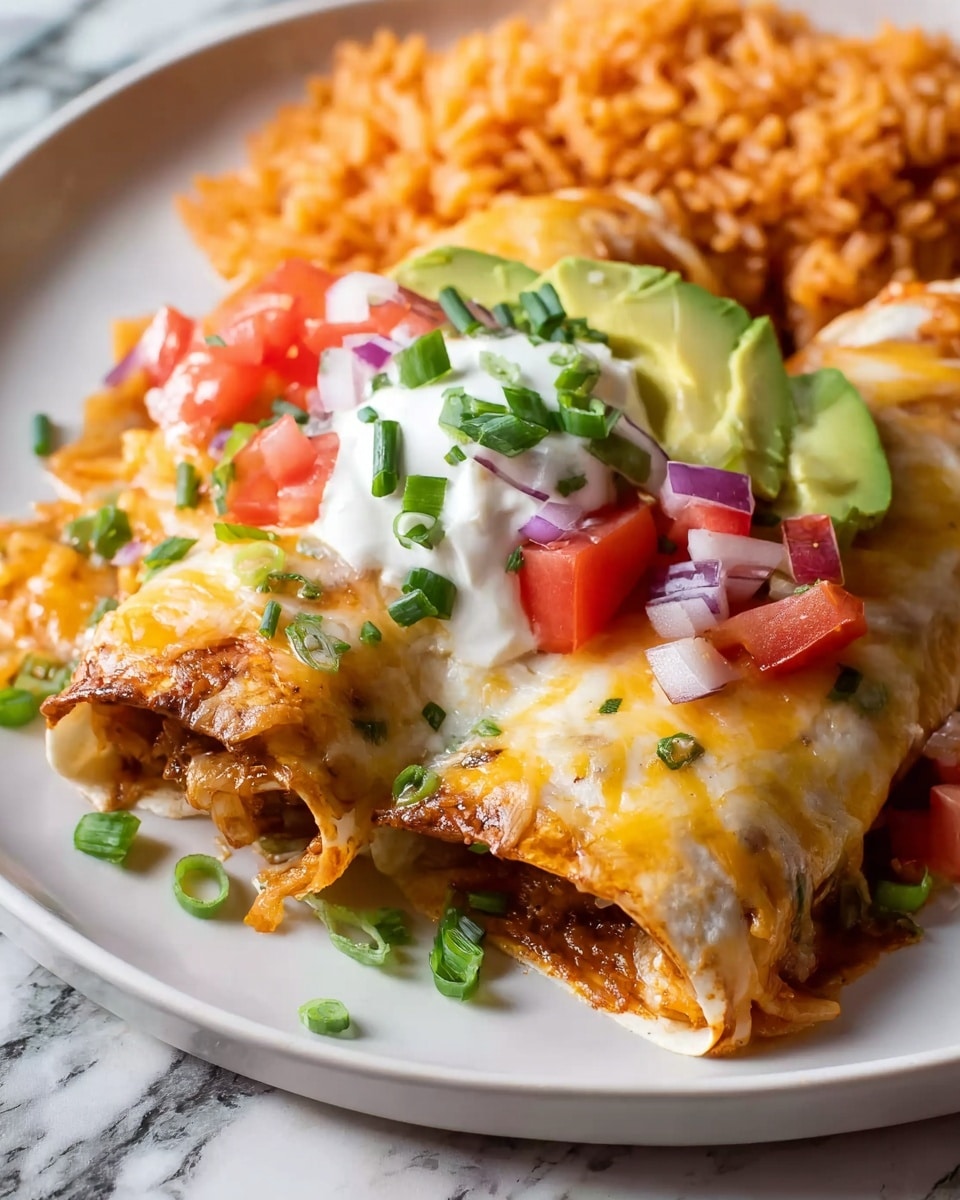 The dish shows two enchiladas on a white plate with melted golden brown cheese covering the tortillas, sprinkled with chopped green onions. On top of the enchiladas, there is a layer of sour cream, diced red tomatoes, small pieces of red onion, and slices of light green avocado. Behind the enchiladas, there is a serving of orange-colored rice mixed with small bits of herbs and tomato. The plate is placed on a white marbled surface. photo taken with an iphone --ar 4:5 --v 7