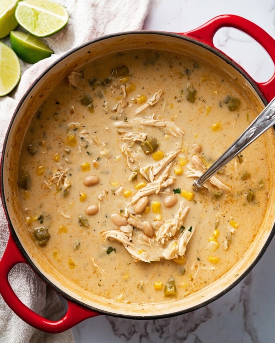 A white bowl filled with thick, creamy soup containing visible shredded white chicken pieces, whole white beans, and small yellow corn kernels, giving a mix of white, beige, and yellow colors in a smooth broth. A spoon inside the bowl is scooping some soup, and the bowl sits on a white marbled surface with some green herbs blurred in the background. The soup looks warm and hearty with a slightly lumpy texture. Photo taken with an iphone --ar 4:5 --v 7