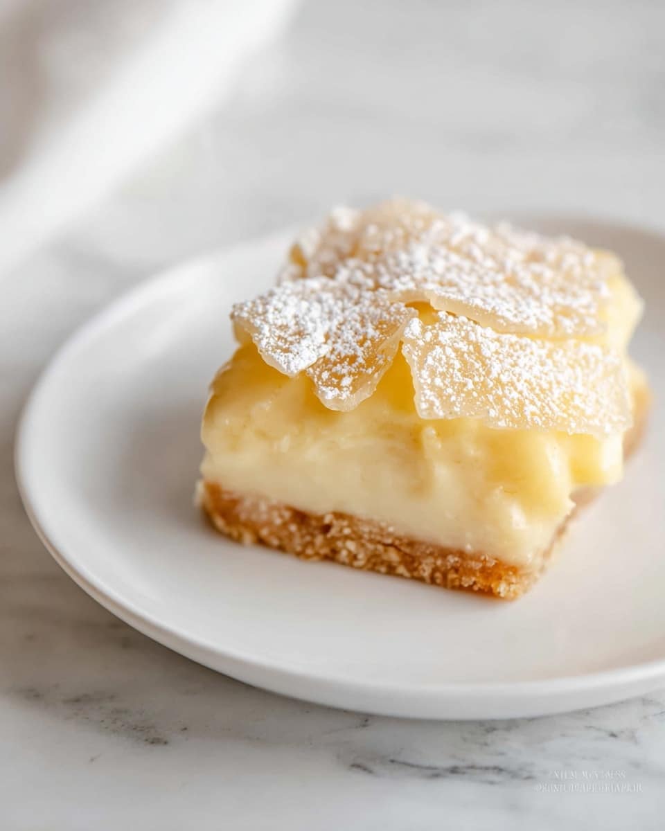 A square-shaped dessert with three distinct layers sits on a white plate. The bottom layer is a golden brown crust. On top of the crust, there is a thick, pale yellow creamy layer with a smooth texture. The top layer consists of a lighter, slightly translucent yellow layer with visible glass-like shards or flakes scattered over it, lightly dusted with powdered sugar. The background has a soft, white marbled texture. photo taken with an iphone --ar 4:5 --v 7