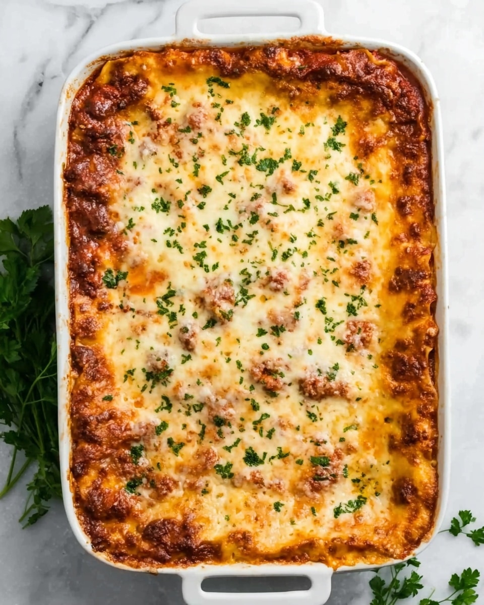The image shows a rectangular white ceramic dish filled with a baked lasagna. The top layer is melted golden-brown cheese with some spots of deeper brown and specks of green herbs scattered across evenly. Below the cheese layer, some edges reveal a thick, rich tomato sauce mixed with ground meat and a hint of creamy white sauce. The dish is placed on a white marbled surface with a small sprig of fresh parsley nearby. The baked lasagna has a slightly bubbly and textured surface, showing layers packed tightly together, creating a hearty look. photo taken with an iphone --ar 4:5 --v 7