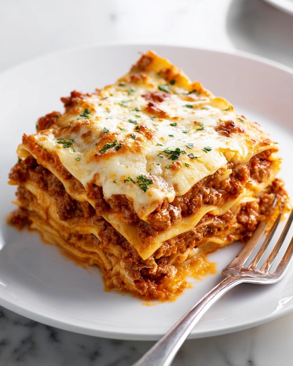A thick square piece of lasagna with four visible layers is placed on a white plate over a white marbled surface. The bottom three layers show a mix of cooked meat sauce with red tomato chunks and pasta sheets in a light golden color. The topmost layer is covered with melted, slightly browned cheese, dotted with small green herb pieces and some shiny spots from the melted cheese. A silver fork rests on the plate near the lasagna. Photo taken with an iphone --ar 4:5 --v 7