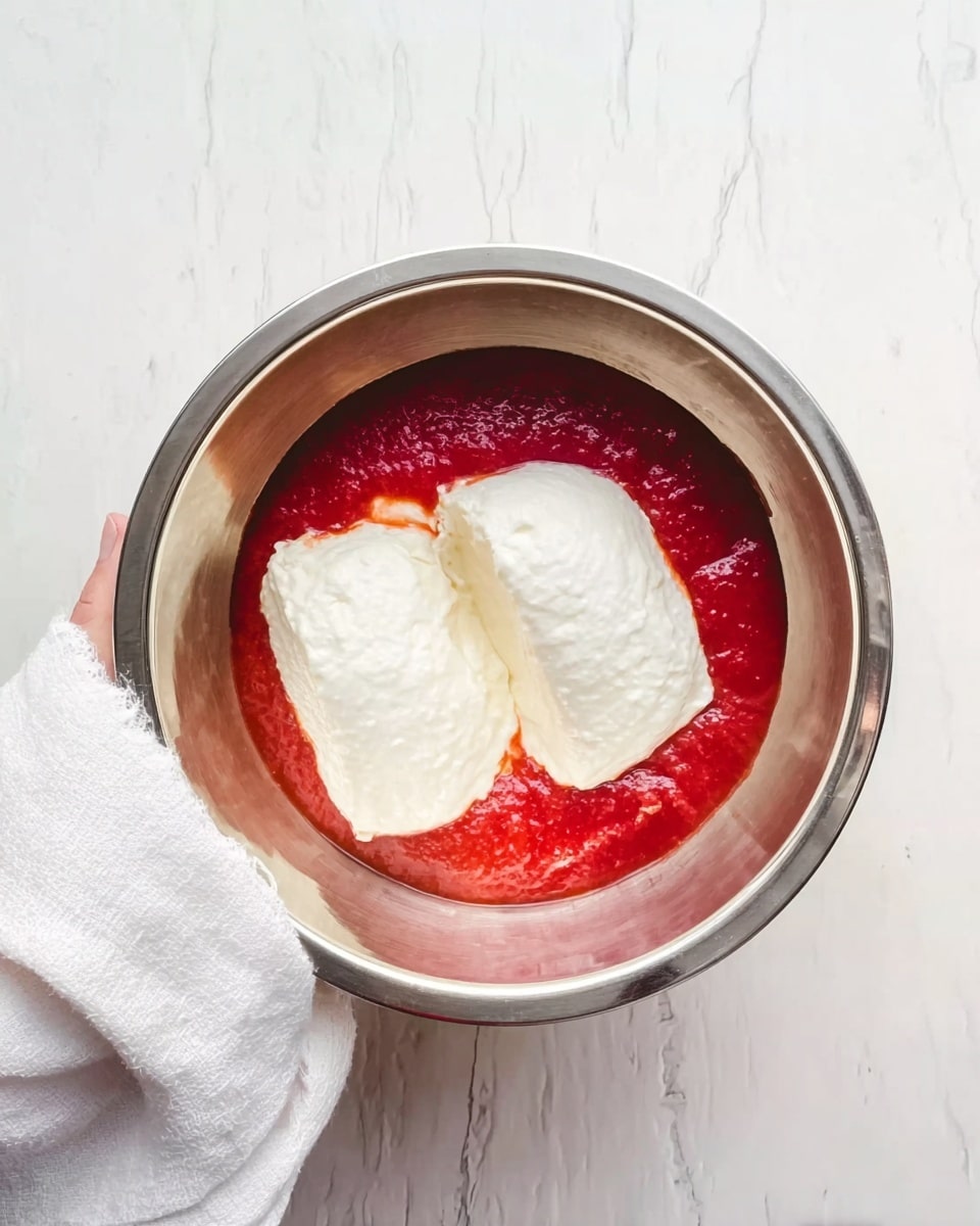 A shiny silver bowl sits on a white marbled surface, filled with two separate layers of ingredients. The bottom layer is a smooth, thick red sauce, topped by two large pieces of white creamy cheese placed side by side. A woman's hand holding the bowl is slightly visible on the left edge of the image, next to a white cloth. The light is soft, showing the textures of the sauce and cheese clearly. Photo taken with an iphone --ar 4:5 --v 7