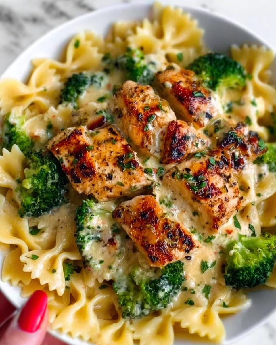 The image shows a close-up of a white plate filled with a creamy chicken and broccoli pasta dish. At the bottom, there is a layer of bowtie pasta coated in a light yellow creamy sauce. On top of the pasta, there are several pieces of grilled chicken, golden brown with visible herbs and slight char marks. Scattered between the chicken pieces are bright green broccoli florets, adding a fresh look. The sauce is thick and smooth, covering some parts of the chicken and pasta, with flecks of black pepper throughout. A woman's hand with red-painted nails is gently holding the edge of the plate. The background is a white marbled texture. photo taken with an iphone --ar 4:5 --v 7