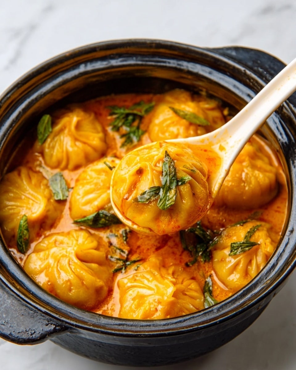 The image shows a black pot filled with round, orange dumplings sitting in a rich orange sauce. Each dumpling has pleated edges and a slightly shiny, soft texture. A white spoon lifts one dumpling, showing the thick sauce underneath. Small green leaves are scattered on top of the dumplings, adding fresh color. The pot rests on a white marbled surface. photo taken with an iphone --ar 4:5 --v 7