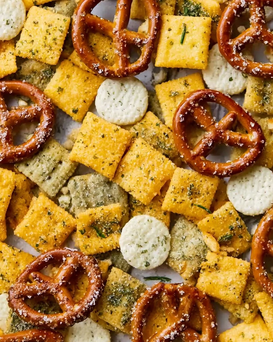 The image shows a close-up of a snack mix on a white marbled surface. The mix has several layers of different items: square yellow crackers with green herbs and a light dusting of white powder, round pretzels with a shiny brown surface sprinkled with white salt, and white circular puffed corn snacks with a smooth texture. The snacks are mixed and spread out evenly, creating a colorful and textured pattern with crunchy-looking pieces overlapping each other. photo taken with an iphone --ar 4:5 --v 7