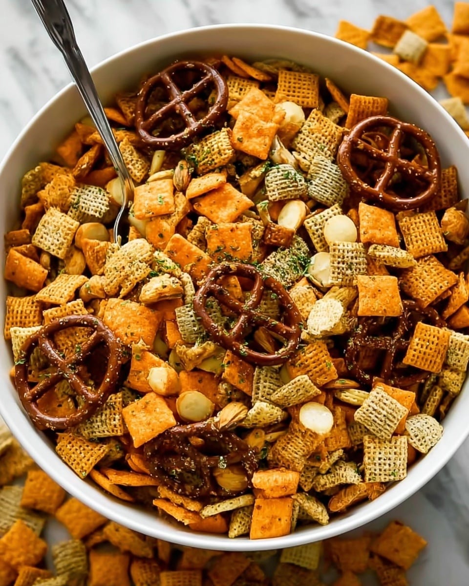A large white bowl filled with a mixed snack of several layers: the top layer has square orange crackers sprinkled with green herbs, whole dark brown pretzels, small round pale yellow crackers, and some almond-shaped nuts. Underneath, there is a mix of light brown square cereal pieces and darker brown waffle-shaped snacks, with small round and crescent-shaped pale crackers scattered throughout. A metal spoon is dipped into the mix from the top, resting in the center of the bowl. The bowl sits on a white marbled surface with more of the mixed snack spread around it. Photo taken with an iphone --ar 4:5 --v 7