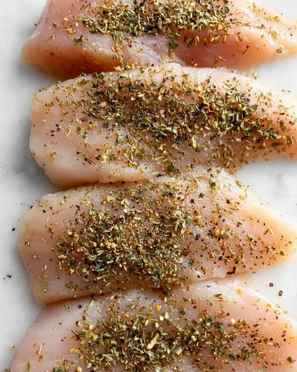 The image shows four raw pieces of light pink chicken filet placed side by side on a white marbled surface. Each piece is sprinkled evenly with dry herbs and black pepper, giving a mix of green and dark speckles over the pale chicken. The texture of the chicken is smooth and slightly shiny, with the spices resting gently on top. The pieces are arranged in a vertical line, filling most of the space in the frame. Photo taken with an iphone --ar 4:5 --v 7