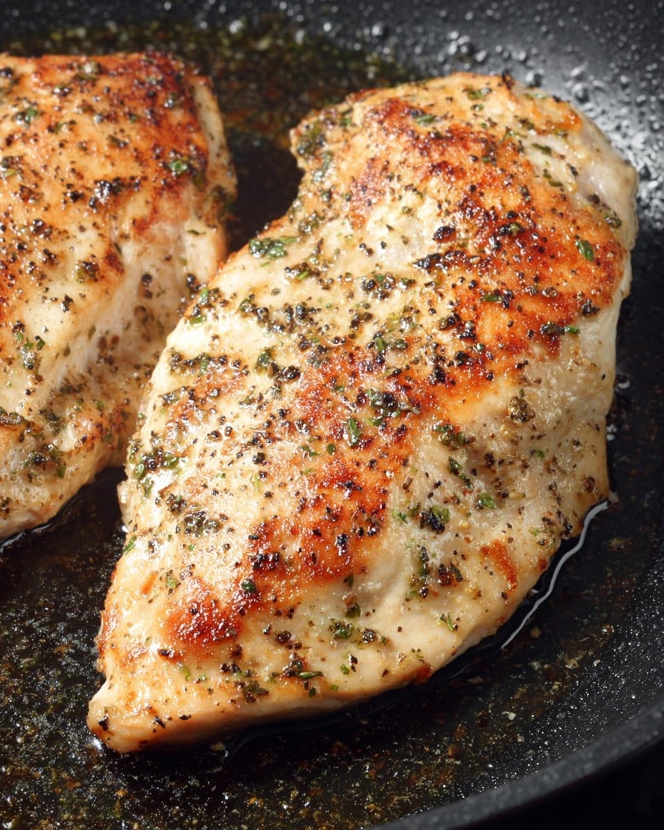 The image shows a close-up of two cooked chicken pieces in a black skillet. Each piece is golden brown with crisp edges and is seasoned heavily with specks of green herbs and black pepper, creating a slightly rough texture on the surface. The chicken has a light, juicy look with some areas showing a thin, crispy crust formed by the cooking process. The background is the black surface of the skillet with small pools of oil around the chicken, adding shine and a rich cooking glow. photo taken with an iphone --ar 4:5 --v 7