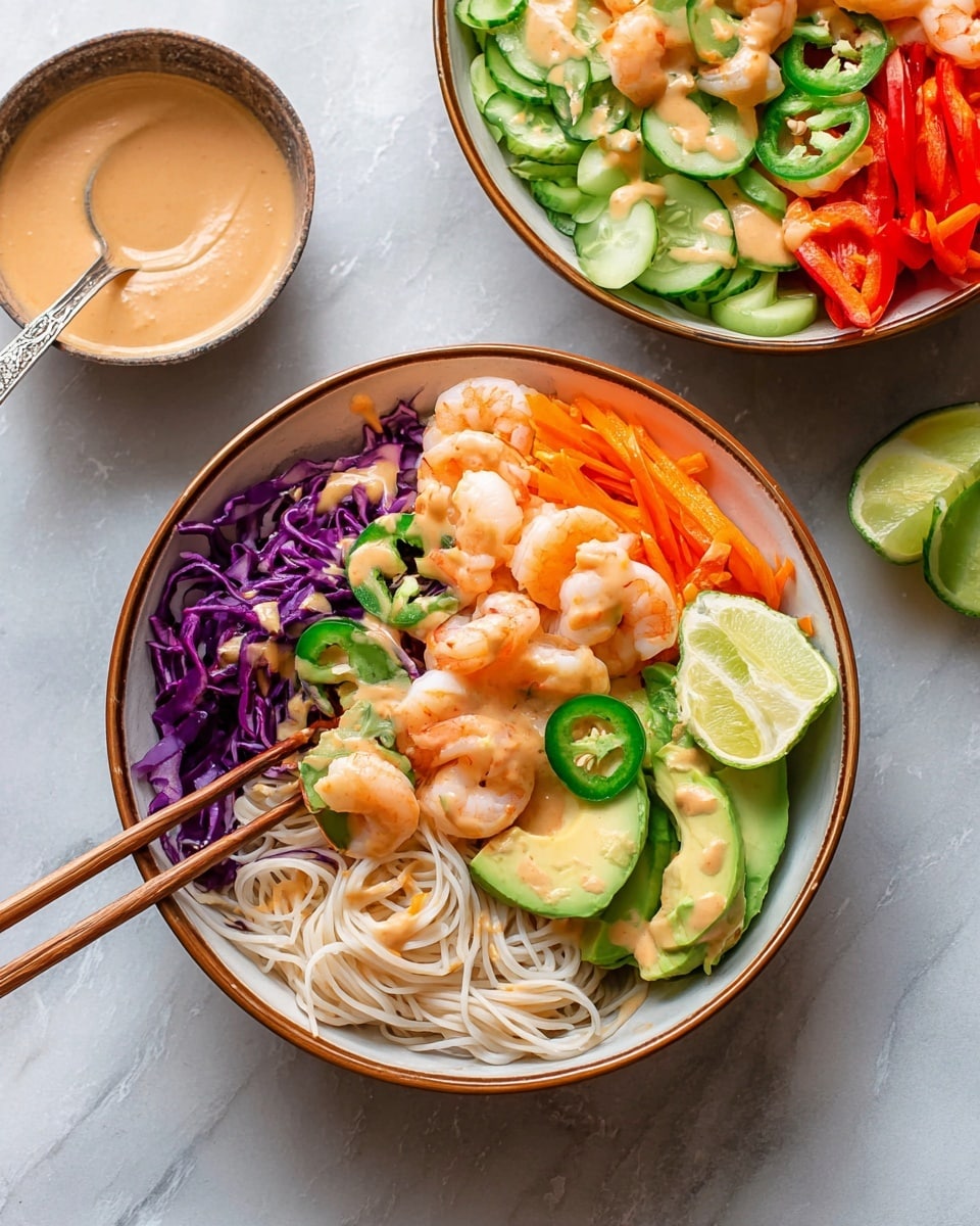 The dish is shown in two white bowls with brown rims, filled with various fresh layers arranged neatly on a white marbled surface. The bottom layer is a bed of light beige noodles. On top, there is a mix of fresh vegetables and shrimp: thinly sliced green cucumber to the right, bright orange shredded carrot next to purple cabbage shreds, thin slices of green jalapeño pepper, and bright red bell pepper strips. Light pink cooked shrimp sit in the center, with slices of green avocado close to the red bell pepper. A lime wedge is placed on the noodles near the avocado. The entire dish is drizzled with a light brown sauce. A pair of wooden chopsticks is seen picking up a bit of the red bell pepper in the foreground bowl, and a small bowl with the same sauce and a spoon is placed on the side. Photo taken with an iphone --ar 4:5 --v 7