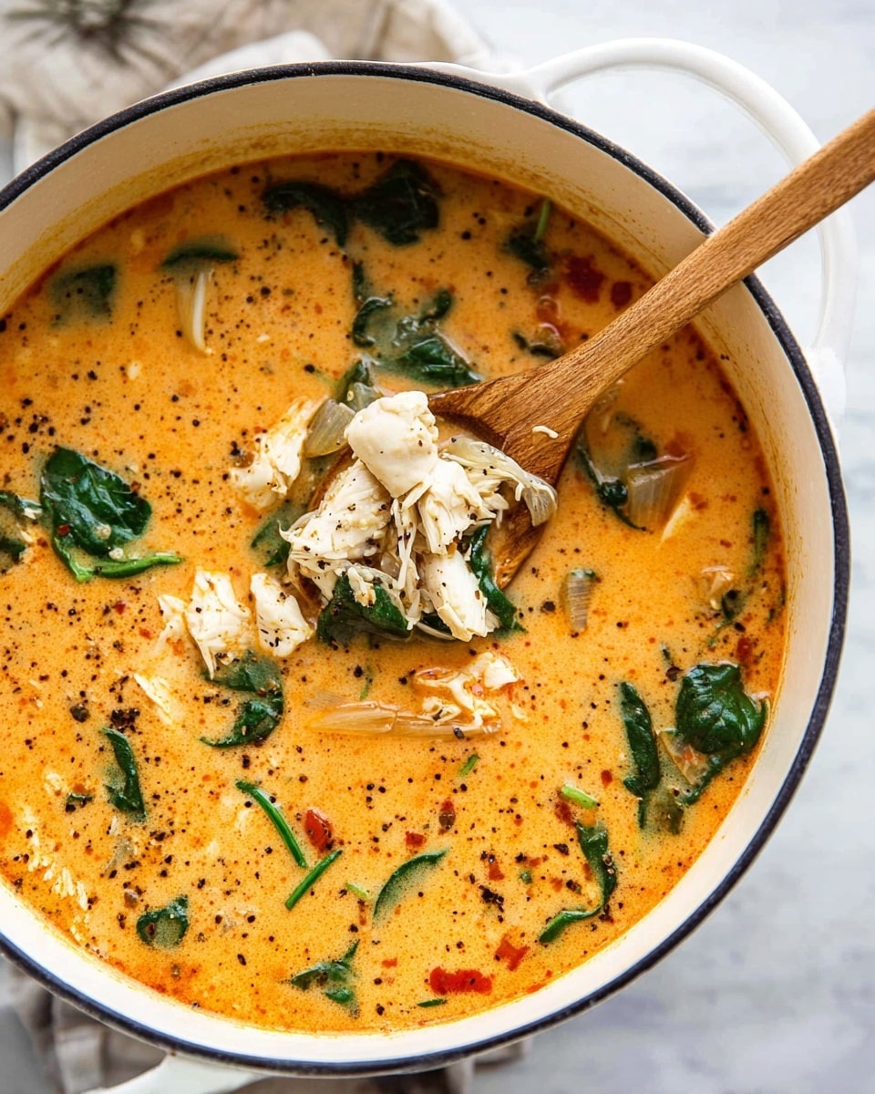 A white pot filled with a creamy orange soup, showing one layer of tender white chicken pieces and green spinach leaves scattered throughout. The soup base is smooth with small red tomato bits and black pepper sprinkled on top. A light wooden spoon is in the pot, holding a piece of chicken along with some spinach and translucent onion pieces. The pot sits on a white marbled surface. photo taken with an iphone --ar 4:5 --v 7