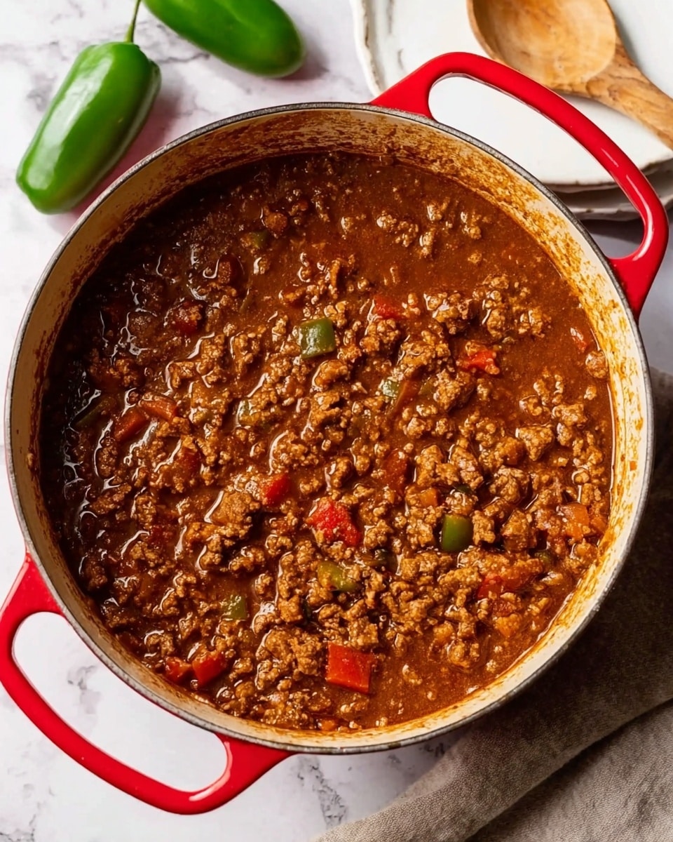 The image shows a red pot filled with thick brown chili, with visible chunks of minced meat and small pieces of red and green bell peppers mixed throughout. The chili has a hearty, chunky texture with some sauce surrounding the meat and vegetables. The inside walls of the pot have a light coating of sauce. The pot sits on a white marbled surface, with a white plate and wooden spoon nearby. Two green peppers are also visible in the background. photo taken with an iphone --ar 4:5 --v 7