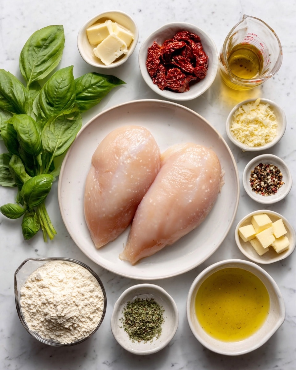 The image shows two raw chicken breasts placed in the center of a white plate on a white marbled surface. Around the plate, there are small white bowls with different ingredients: flour, olive oil, small cubes of butter, chopped garlic, black pepper, dried herbs, soaked sun-dried tomatoes, grated cheese, and a bowl of broth. Fresh green basil leaves are placed on the left side of the scene, with a measuring cup nearby. The colors are natural with a mix of white, green, yellow, and red tones. The photo is taken from above, showing all ingredients clearly. photo taken with an iphone --ar 4:5 --v 7