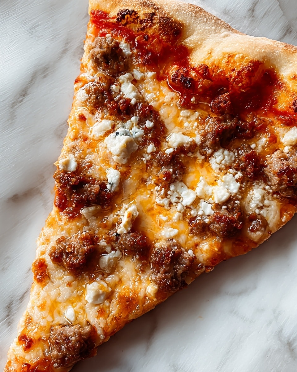 A large slice of pizza with a thin, light golden crust that has some small browned spots, topped with melted mozzarella cheese creating a creamy, stringy texture over a layer of bright red tomato sauce. Scattered on top are juicy, browned sausage pieces giving a crumbly texture and white chunks of soft cheese that contrast with the browned sections on a white marbled surface. The lighting highlights the glossy and slightly oily finish on the melted cheese. photo taken with an iphone --ar 4:5 --v 7