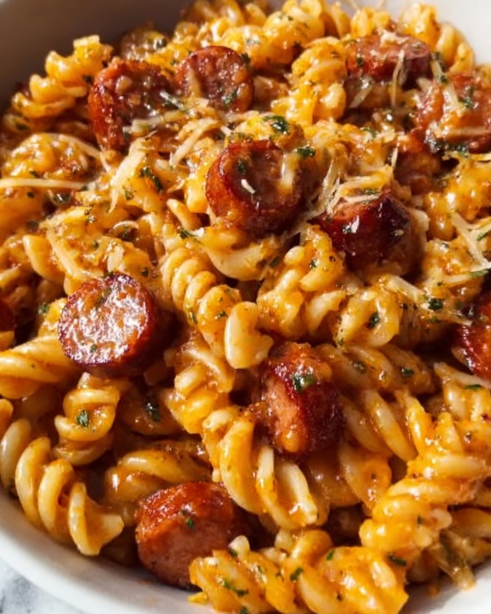 The image shows a close-up of a pan filled with cooked rotini pasta mixed with slices of cooked sausage. The pasta is golden brown with a glossy, slightly oily texture, evenly coated with sauce. The sausage slices are round, caramelized on the edges, and have a reddish-brown color with grill marks. Small bits of green herbs are scattered throughout the dish, adding a touch of color. The background surface is a white marbled texture. photo taken with an iphone --ar 4:5 --v 7