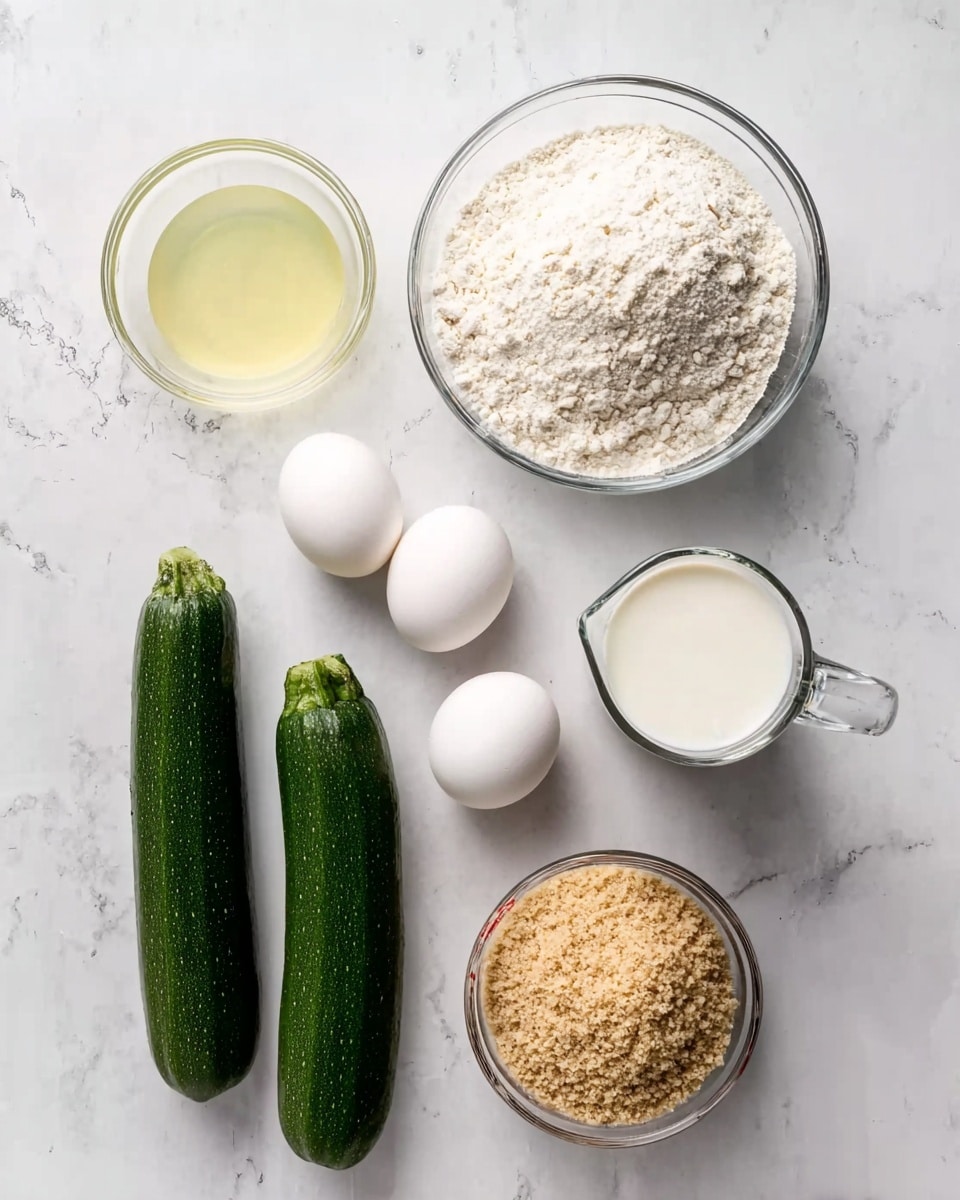 The image shows cooking ingredients neatly arranged on a white marbled surface. On the top left is a small clear glass bowl with a light yellow liquid. Next to it on the right is a large clear glass bowl filled with white flour. Below the flour, there is a glass measuring cup filled with milk, and to the right of the milk are two white eggs in a small clear bowl. At the bottom center is a medium clear bowl filled with light brown breadcrumbs. On the bottom left side, there are two whole green zucchinis placed side by side. Photo taken with an iphone --ar 4:5 --v 7