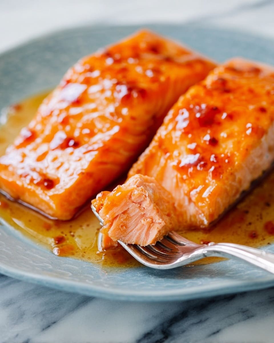 Two cooked salmon fillets with a shiny orange glaze are shown on a plate. The salmon pieces have a soft, smooth texture with some light char marks. A silver fork holds a small piece of salmon, showing the inside as a pale pink with a moist look. The plate is white with some oil and sauce pooling around the salmon. The surface under the plate is white marble with soft veining. photo taken with an iphone --ar 4:5 --v 7