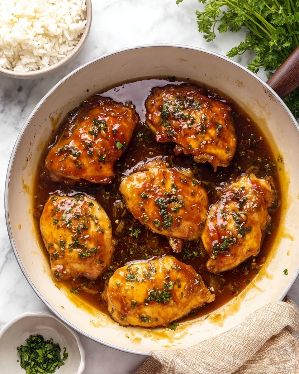 A white pan holds five golden brown chicken pieces with a shiny orange-brown sauce covering them, giving a glossy texture. Small bits of herbs are sprinkled on top, adding green specks over the chicken. The pan rests on a white marbled surface, near a white bowl filled with fluffy white rice and a small white bowl with chopped green herbs. A beige cloth is placed near the pan, and some leafy green herbs are seen in the upper corner. photo taken with an iphone --ar 4:5 --v 7